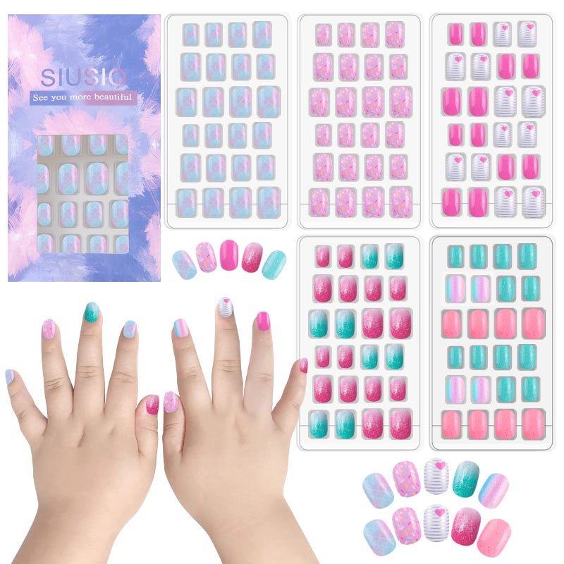 SIUSIO 120 Pcs 5 Pack Children Acrylic Fake Nails Press on Pre-glue Full Cover Glitter Gradient Color Rainbow Short False Nail Art Kits Set for Kids Little Girls - Multicolor Gradient Series - Image 1